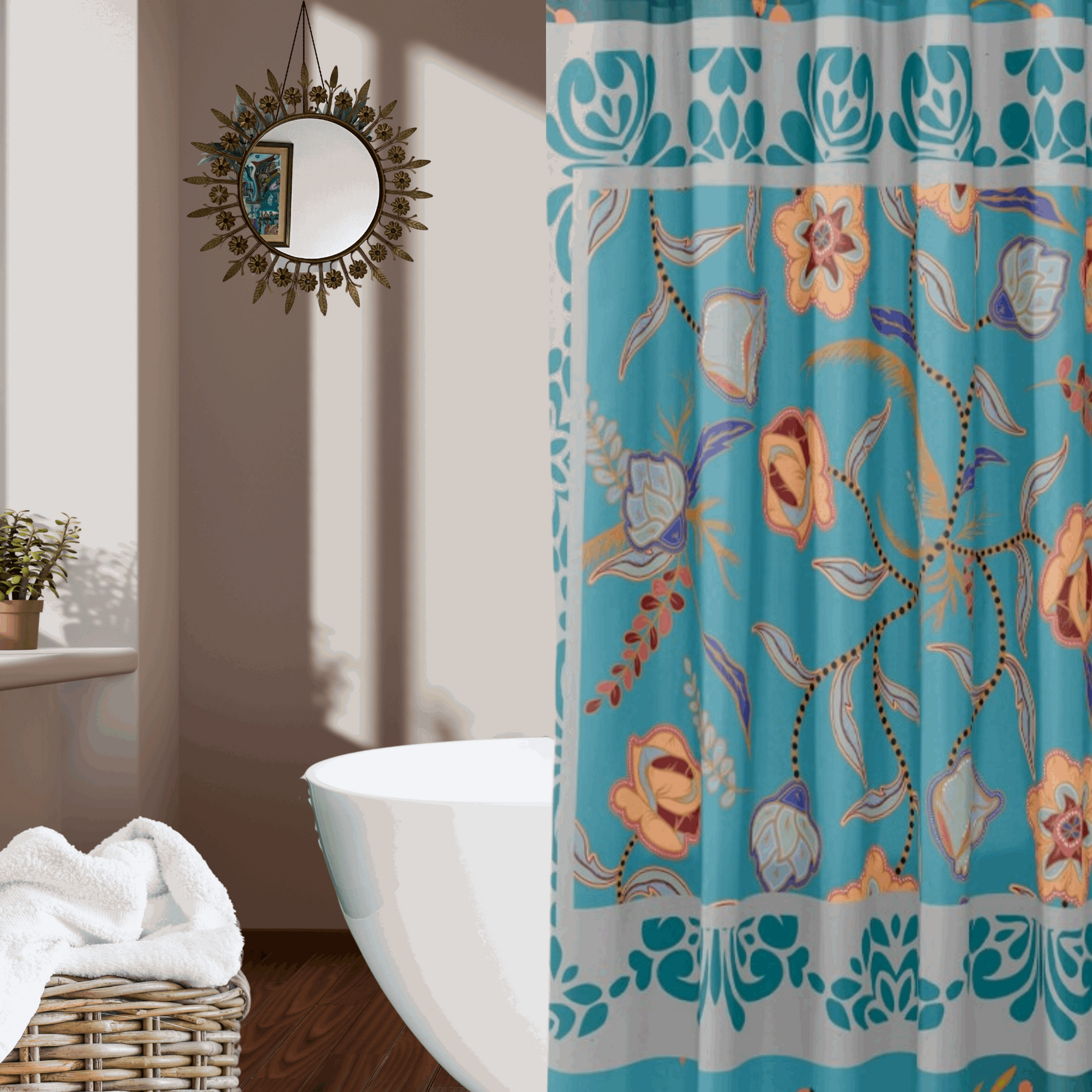 Teal Floral shower curtain with gray border and colorful flowers