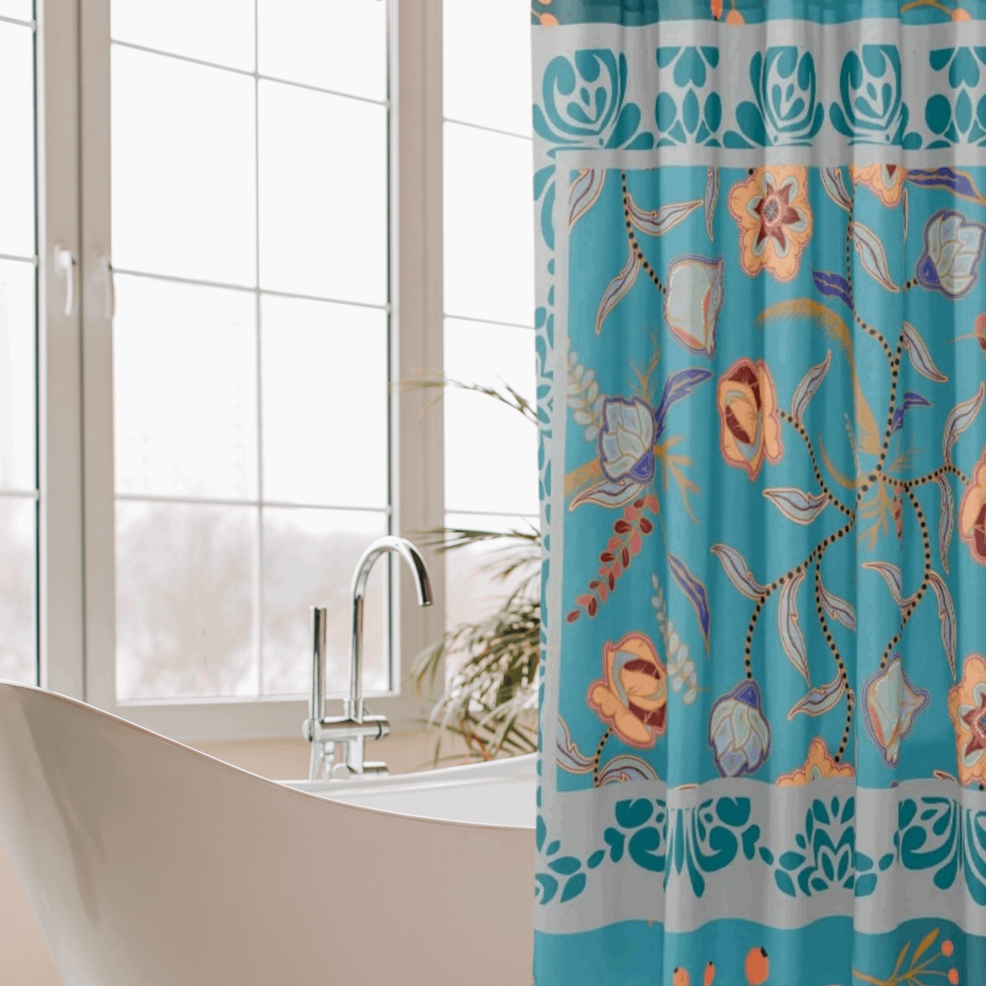 teal floral shower curtain shown in luxe bathroom