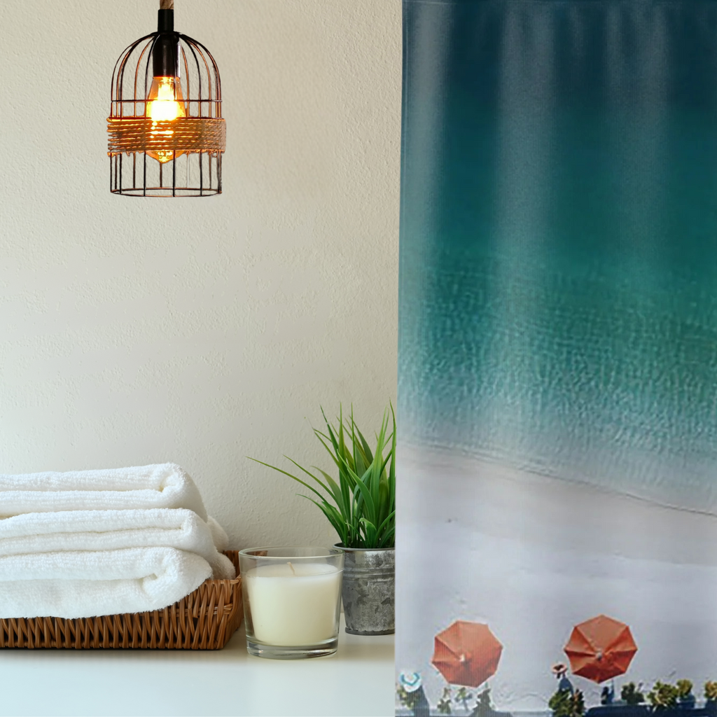 Shower Curtain-Umbrellas on the Beach  ,  an ombre'  blue shower curtain with bright orange umbrellas. Shown with bath accessories