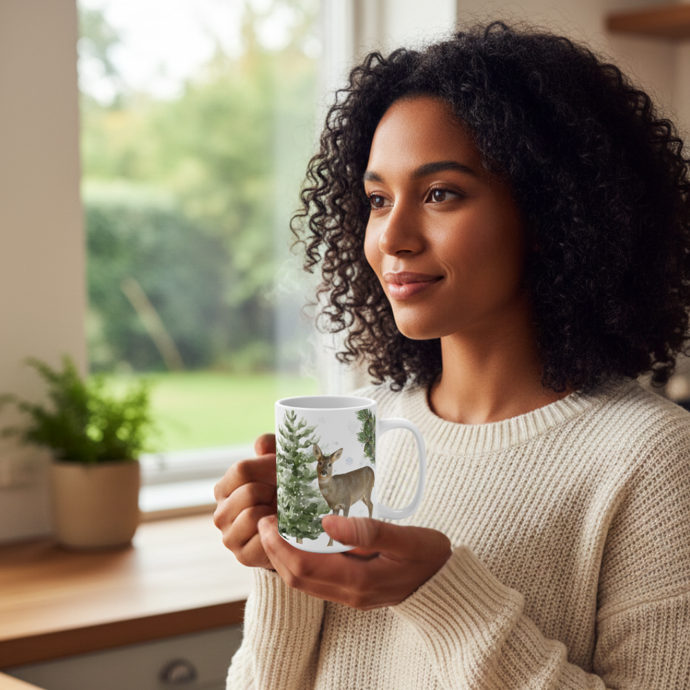 Winter Deer Mug — 15oz Holiday Pine Forest Ceramic Cup for Tea or Coffee- Part of the Winter Series