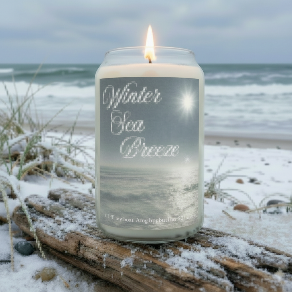 Candle labeled 'Winter Sea Breeze' on a beach with waves in the background