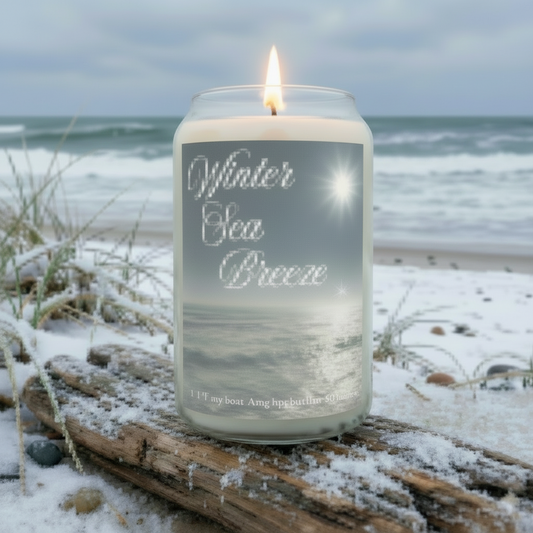 Candle labeled 'Winter Sea Breeze' on a beach with waves in the background