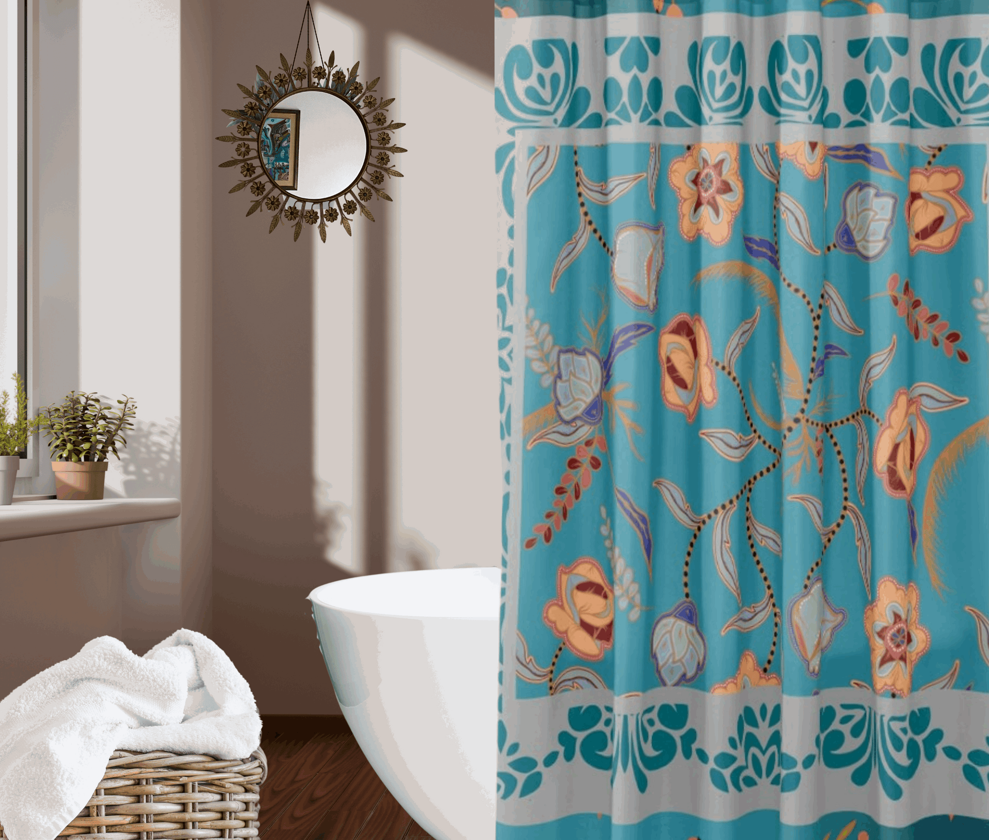 Teal Floral shower curtain with gray border and colorful flowers