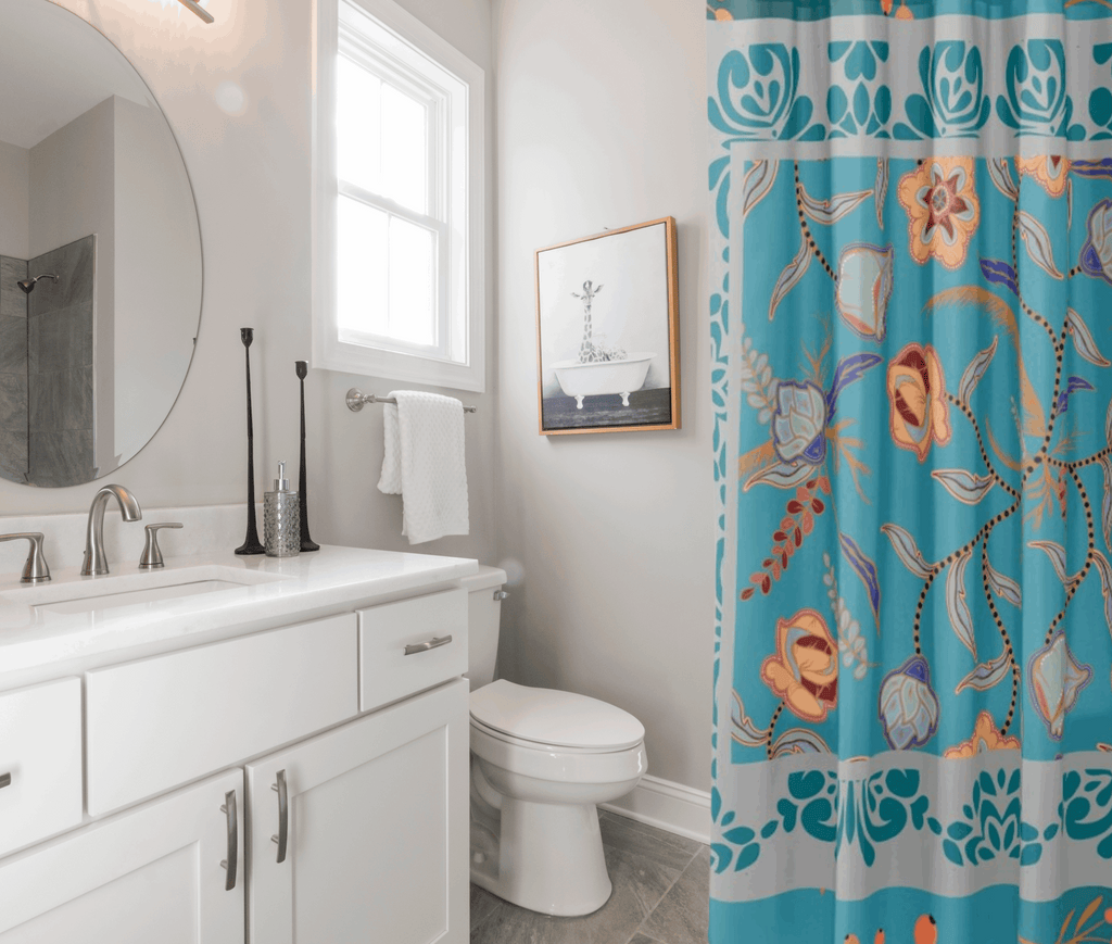 teal floral shower curtain shown in bsic bathroom
