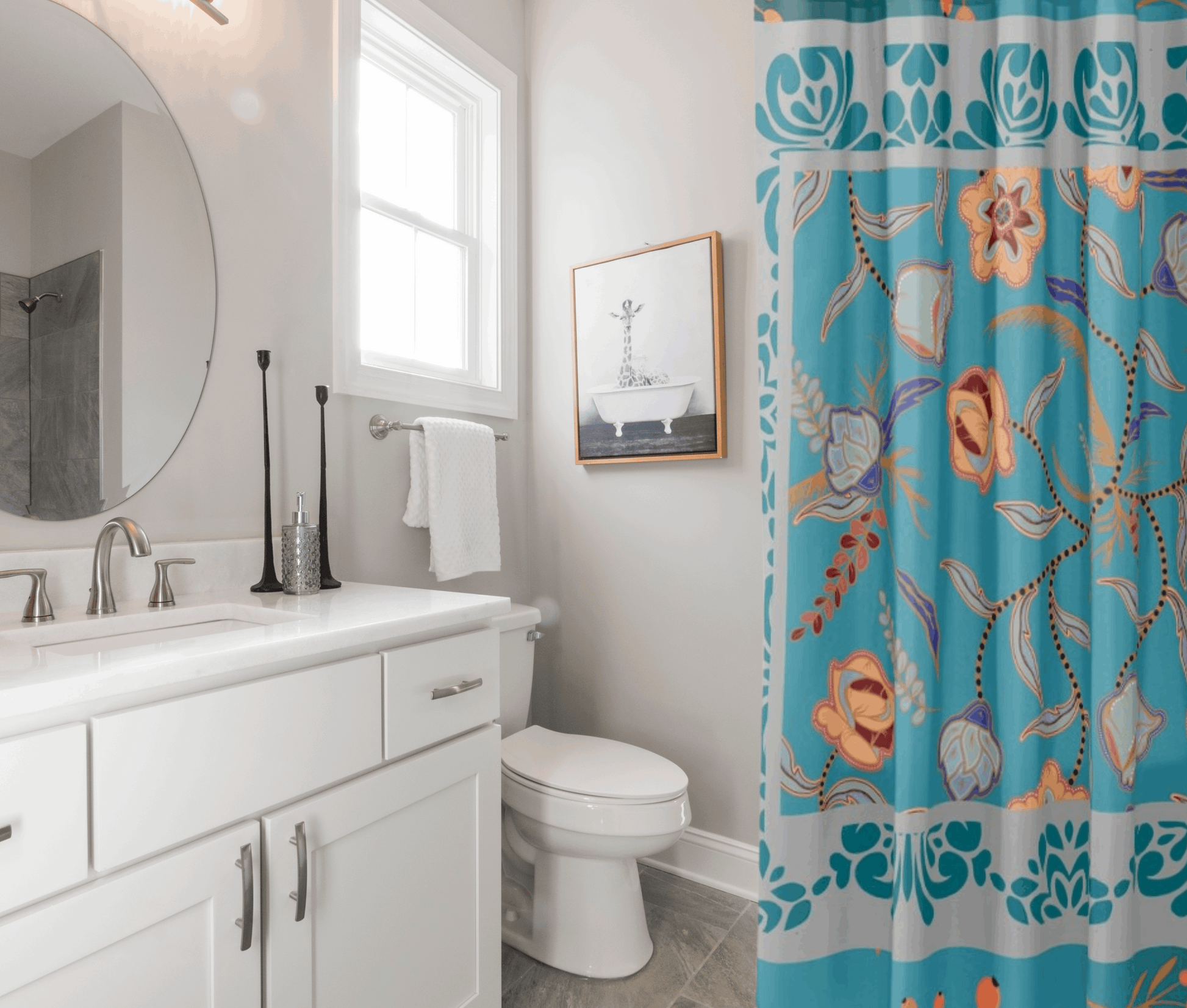 teal floral shower curtain shown in bsic bathroom