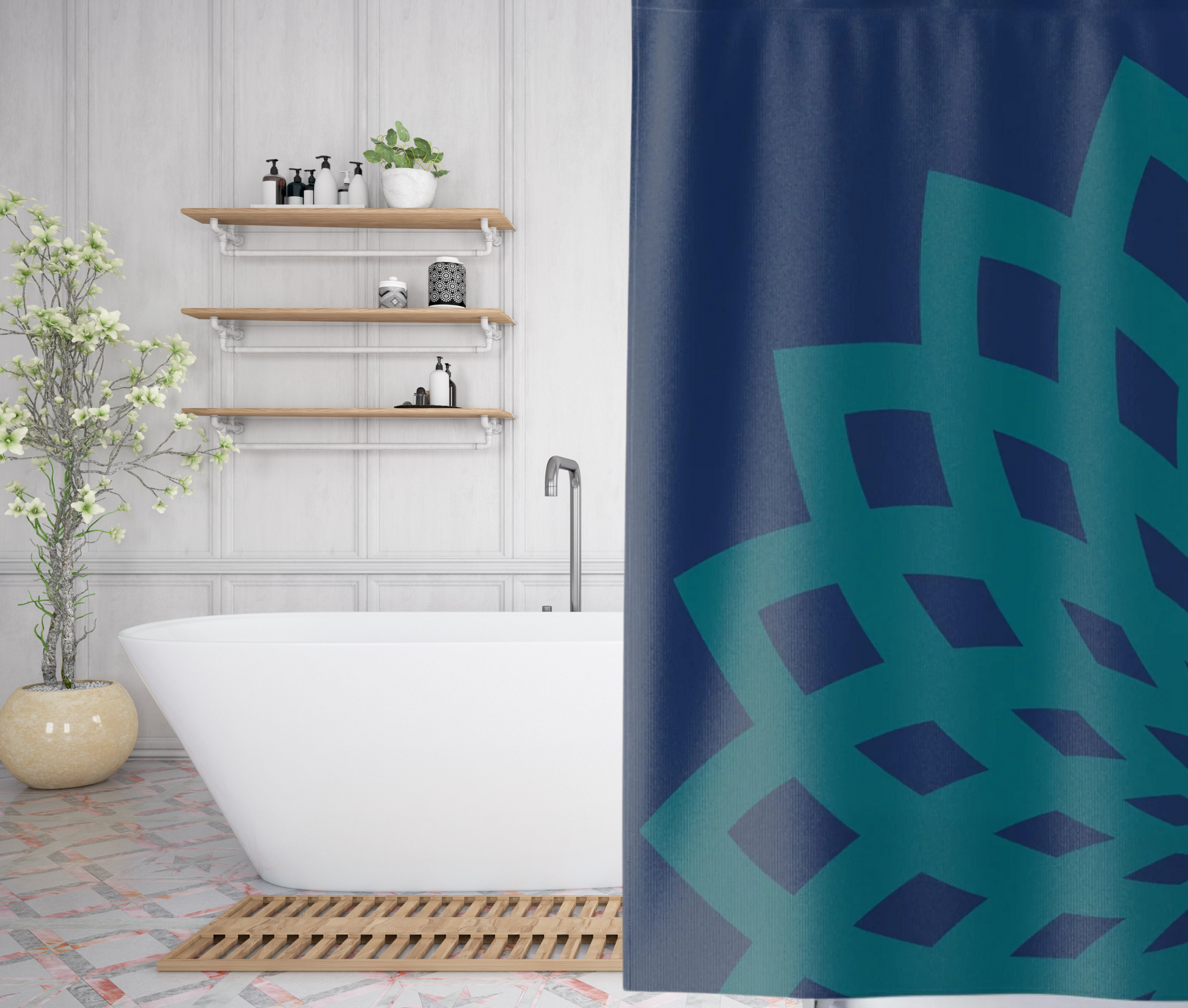 Shower Curtain Contemporary Blue and Teal Large Print Floral Design