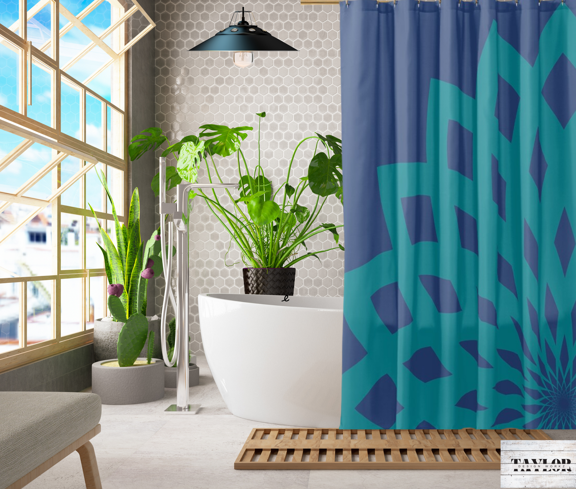 Shower Curtain Contemporary Blue and Teal Large Print Floral Design