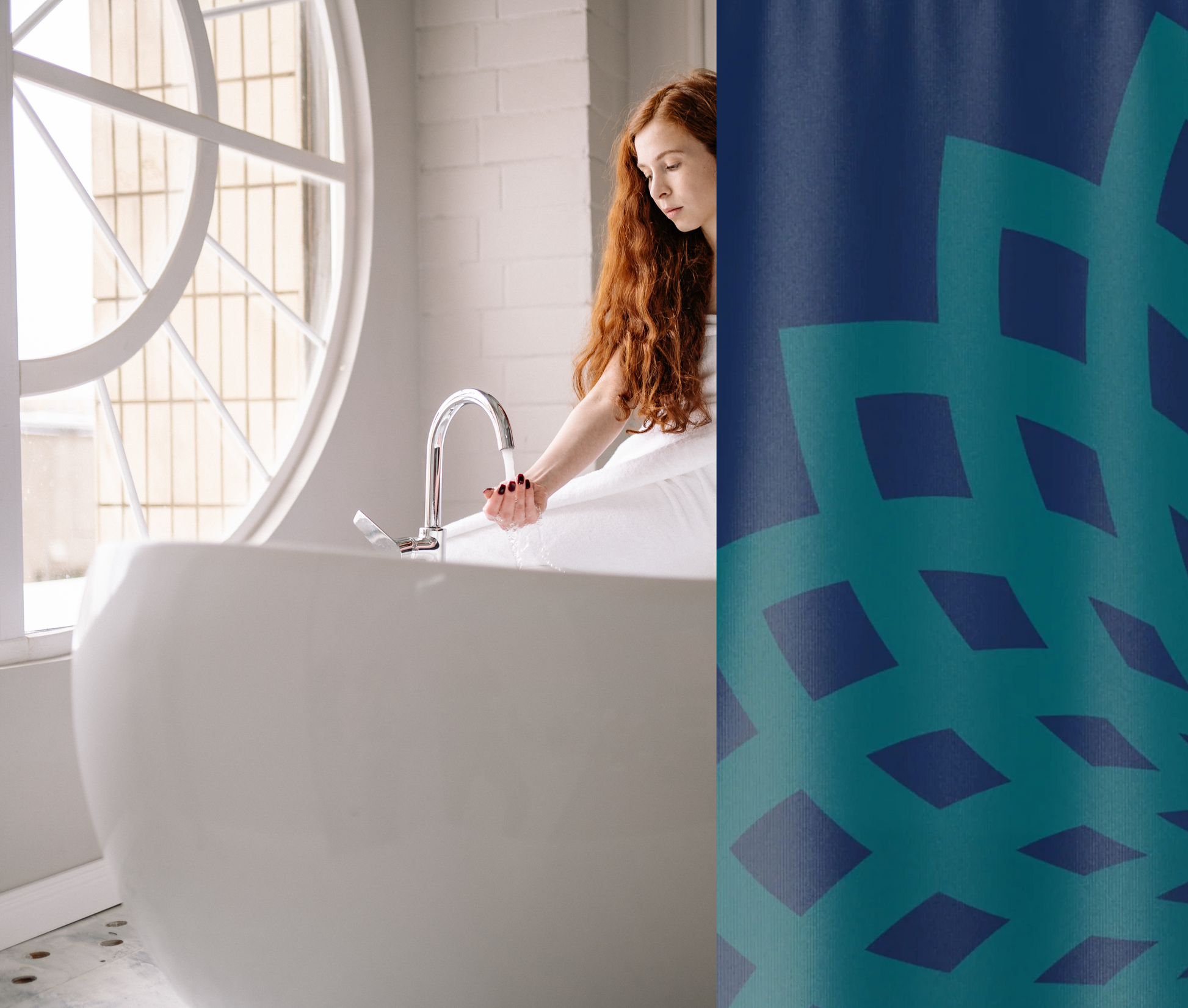 Shower Curtain Contemporary Blue and Teal Large Print Floral Design