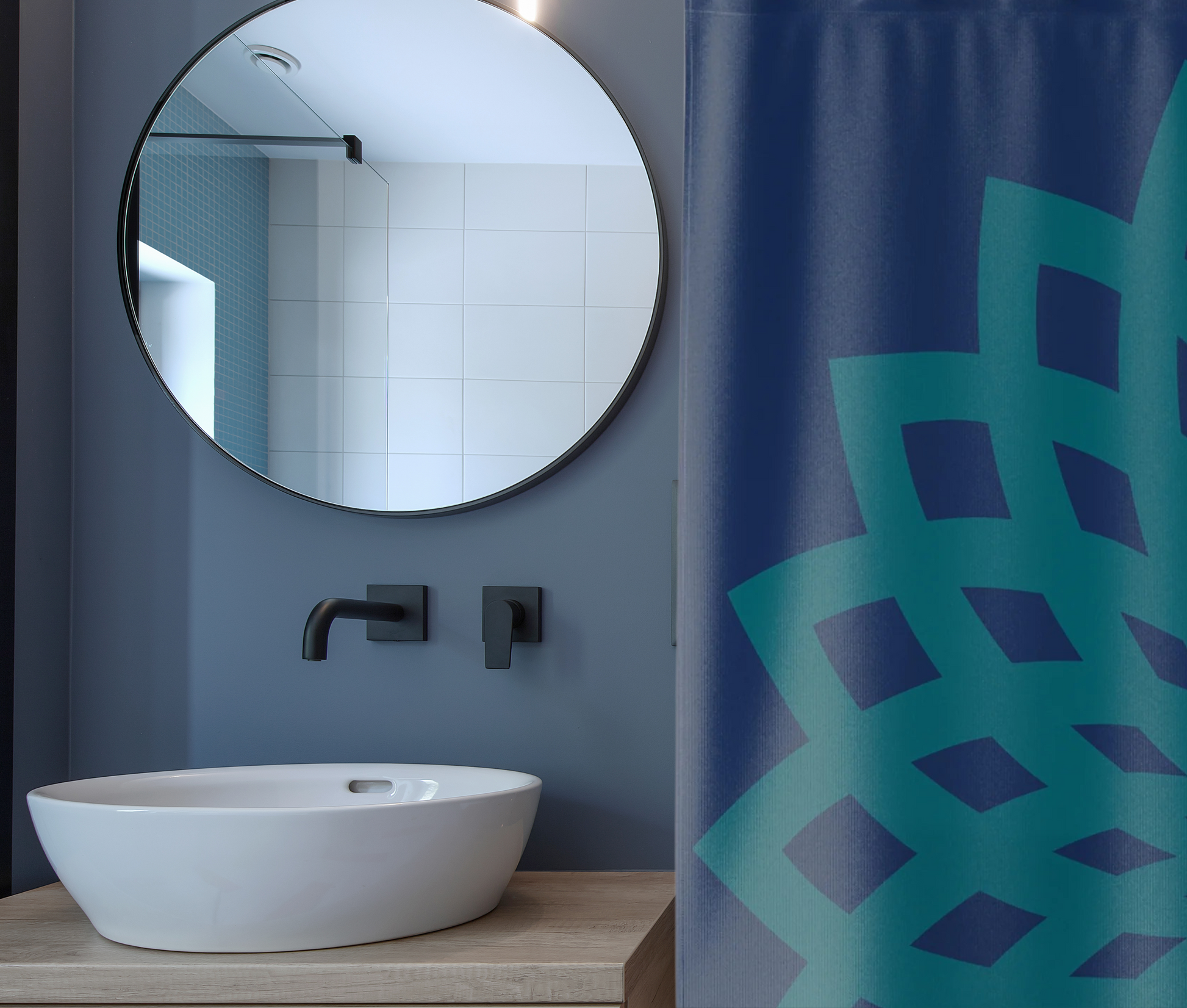Shower Curtain Contemporary Blue and Teal Large Print Floral Design