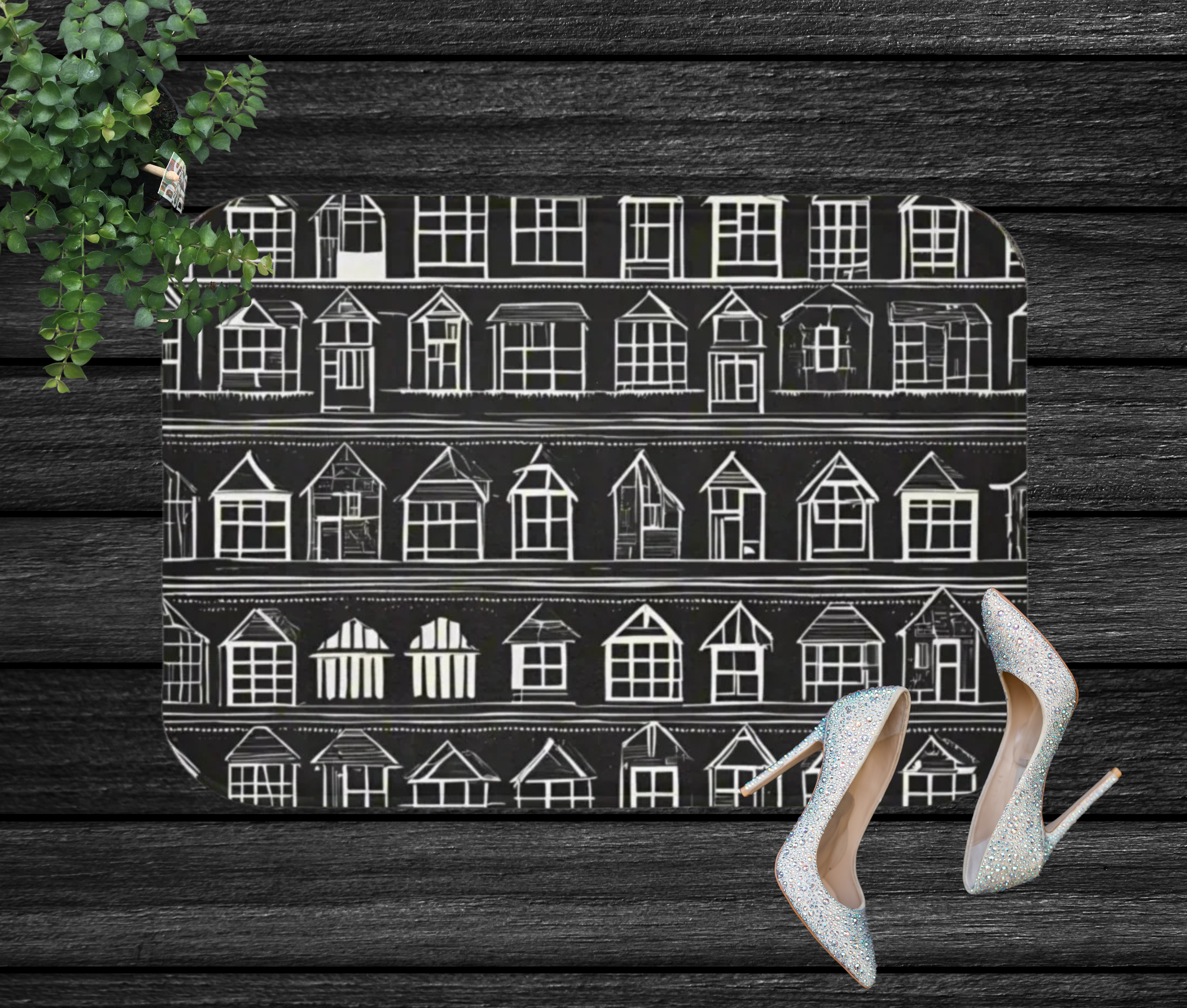 Farmhouse Rug Black and White Geometric White Houses on Black Background Home Sweet Home