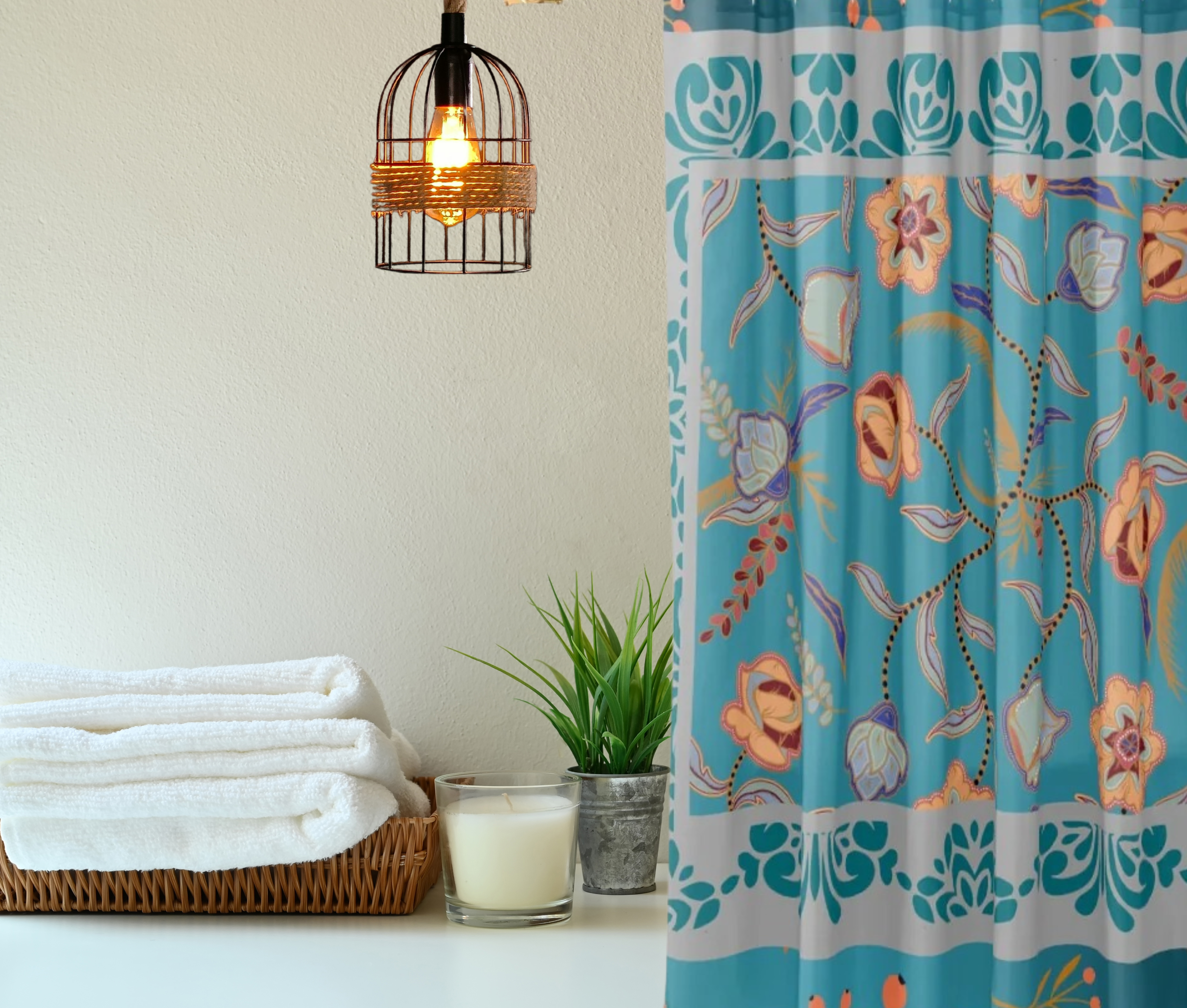 Shower Curtain Teal and Gray Large Print Colorful Floral Modern Farmhouse Cottagecore