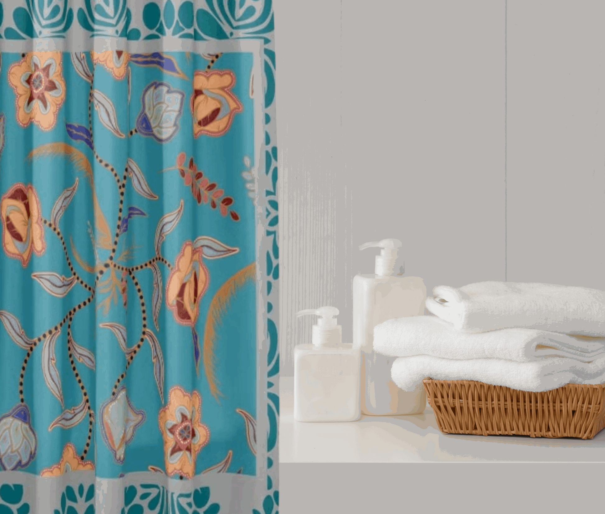 teal and gray floral shower curtain