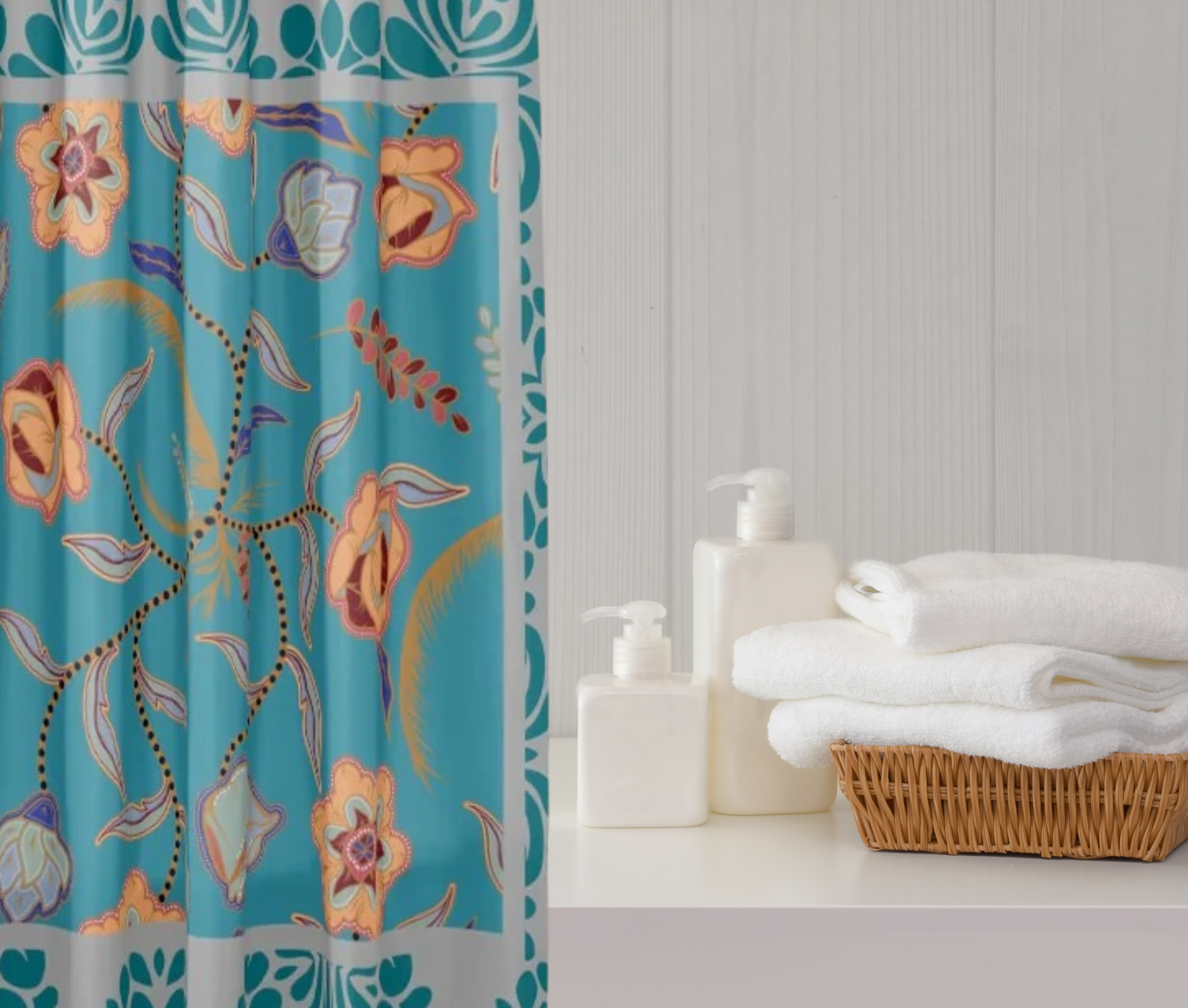 Shower Curtain Teal and Gray Large Print Colorful Floral Modern Farmhouse Cottagecore