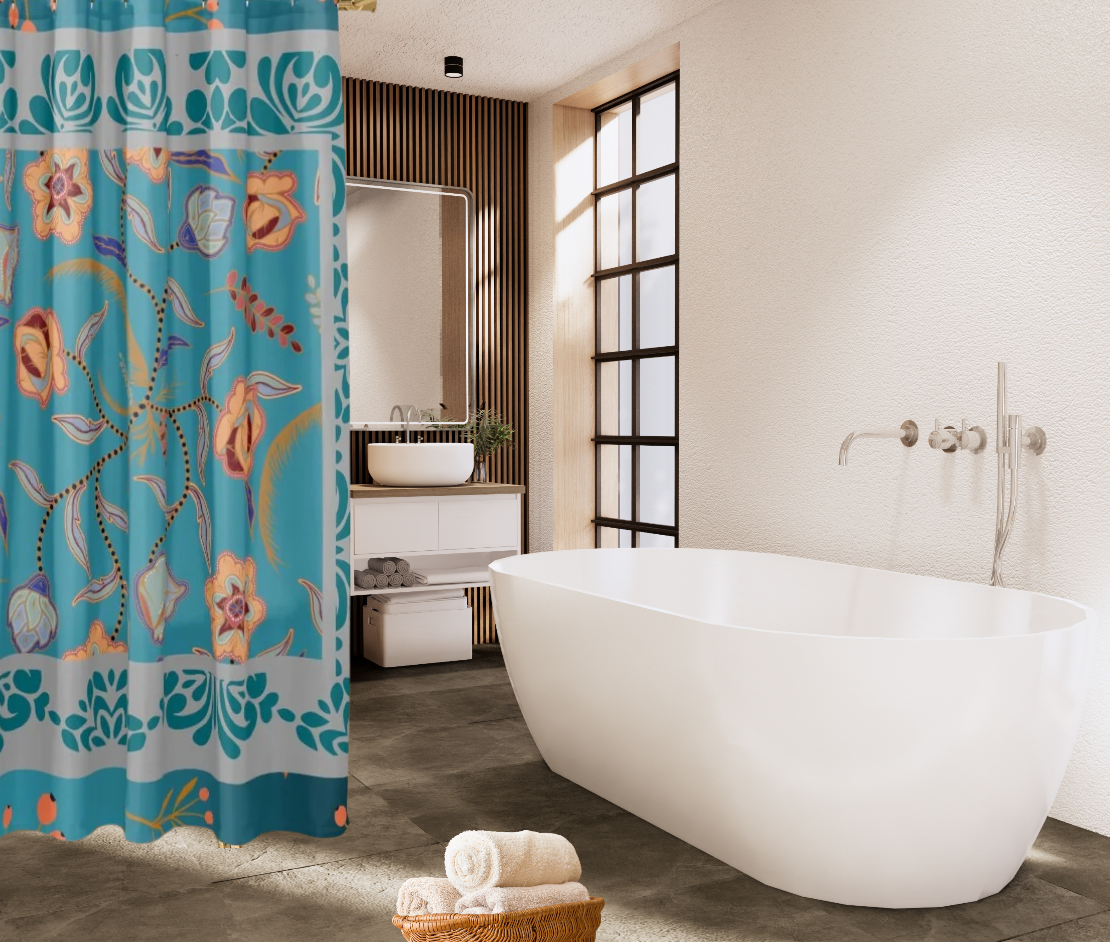 Shower Curtain Teal and Gray Large Print Colorful Floral Modern Farmhouse Cottagecore