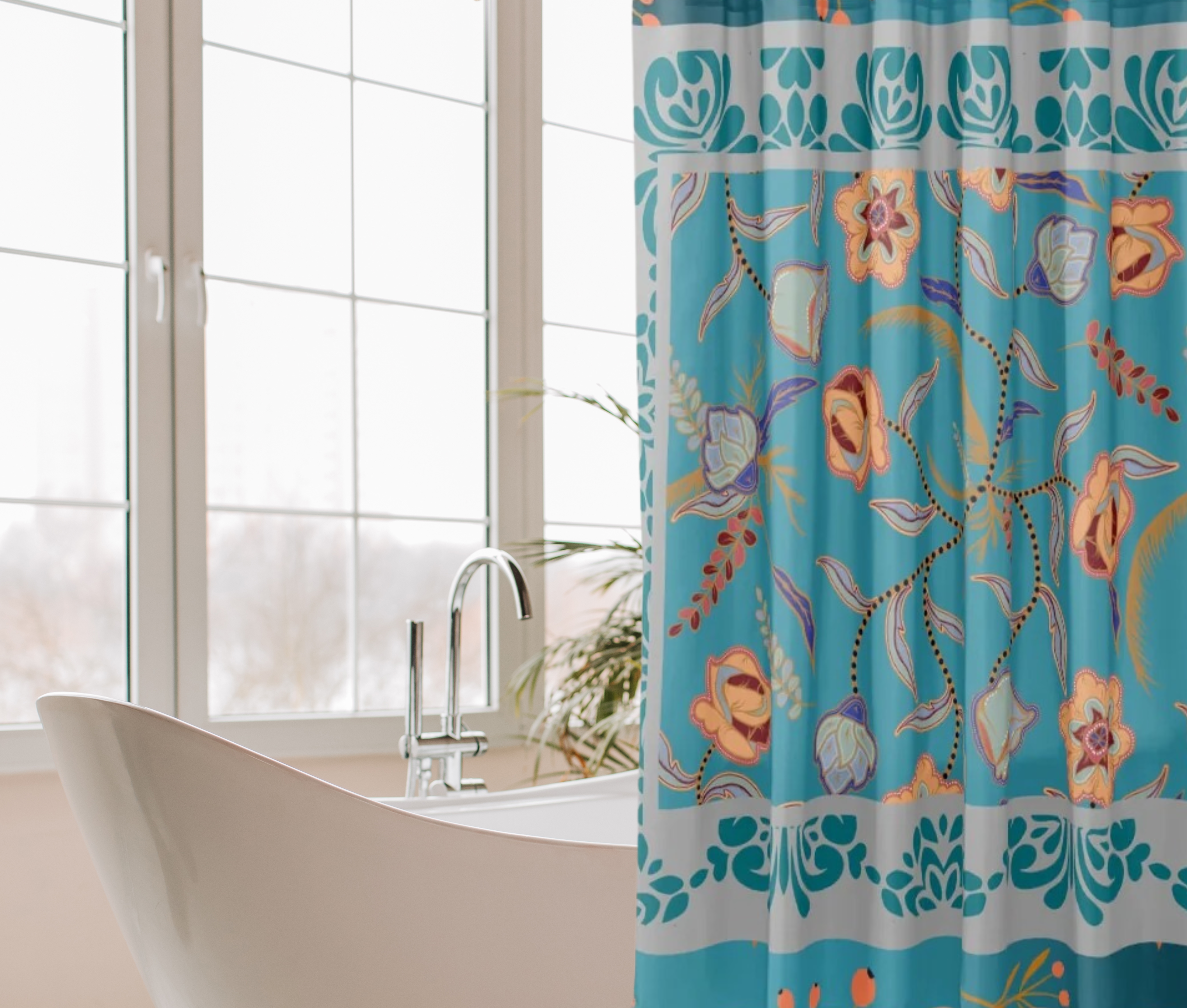 Shower Curtain Teal and Gray Large Print Colorful Floral Modern Farmhouse Cottagecore