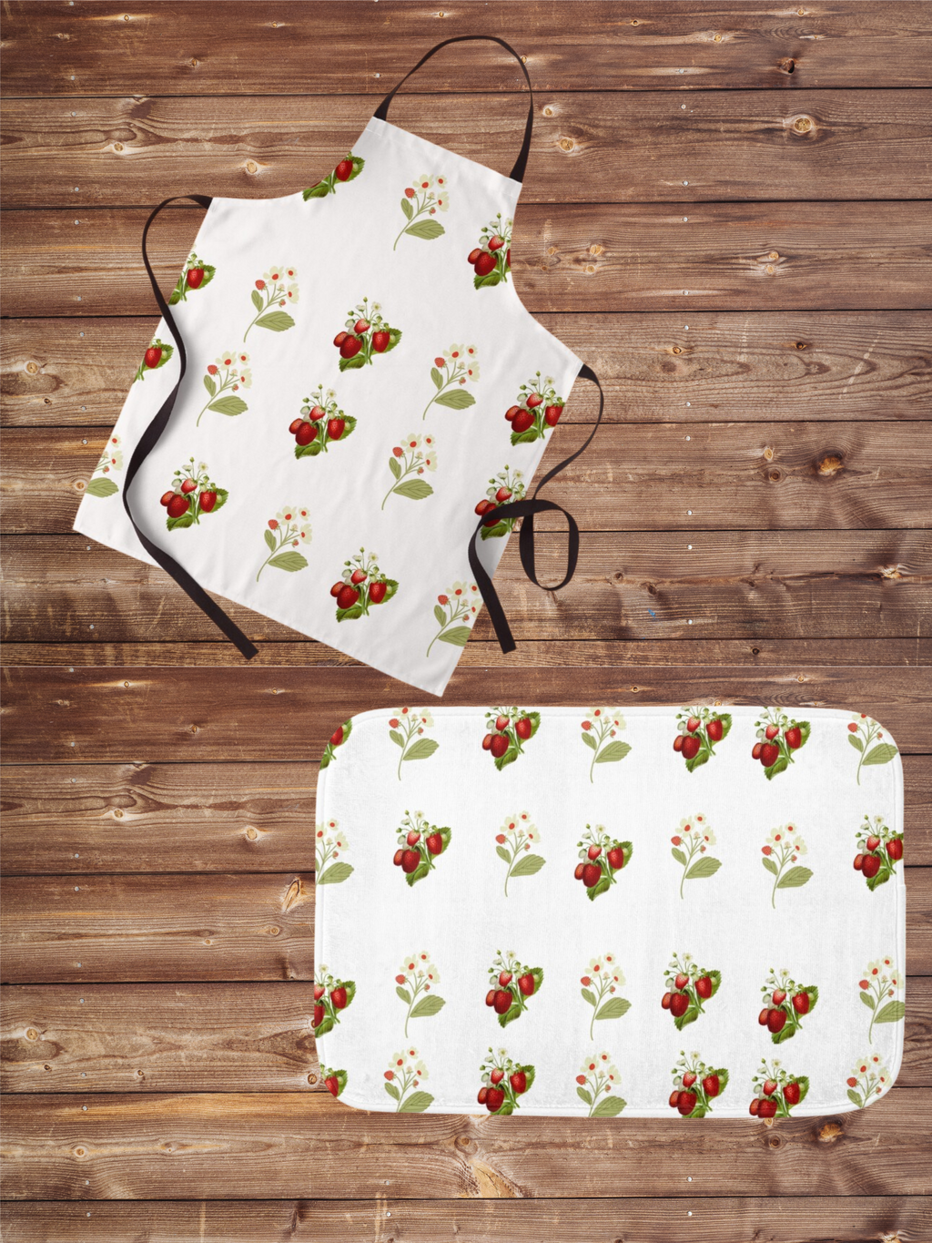 Nostalgic Strawberry Print Apron with matching Kitchen rug.