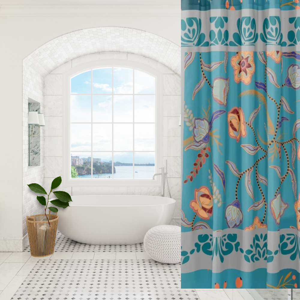 Vibrant Floral Teal and Gray Shower Curtain shown in a modern white  bathroom