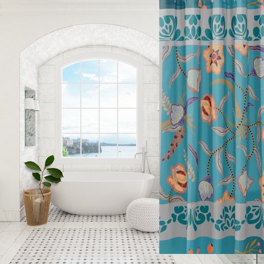 Vibrant Floral Teal and Gray Shower Curtain shown in a modern white  bathroom