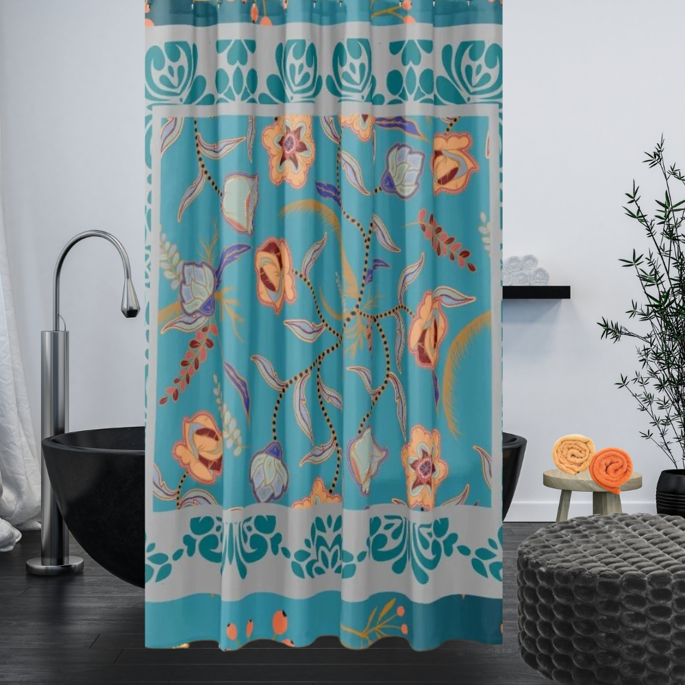 Vibrant Floral Teal and Gray Shower Curtain shown in a modern farmhouse style bathroom