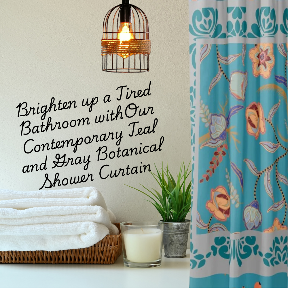 Vibrant Floral Teal and Gray Shower Curtain shown with bathroom accessories
