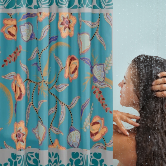 Vibrant Floral Teal and Gray Shower Curtain shown in a bathroom with a woman rinsing her hair