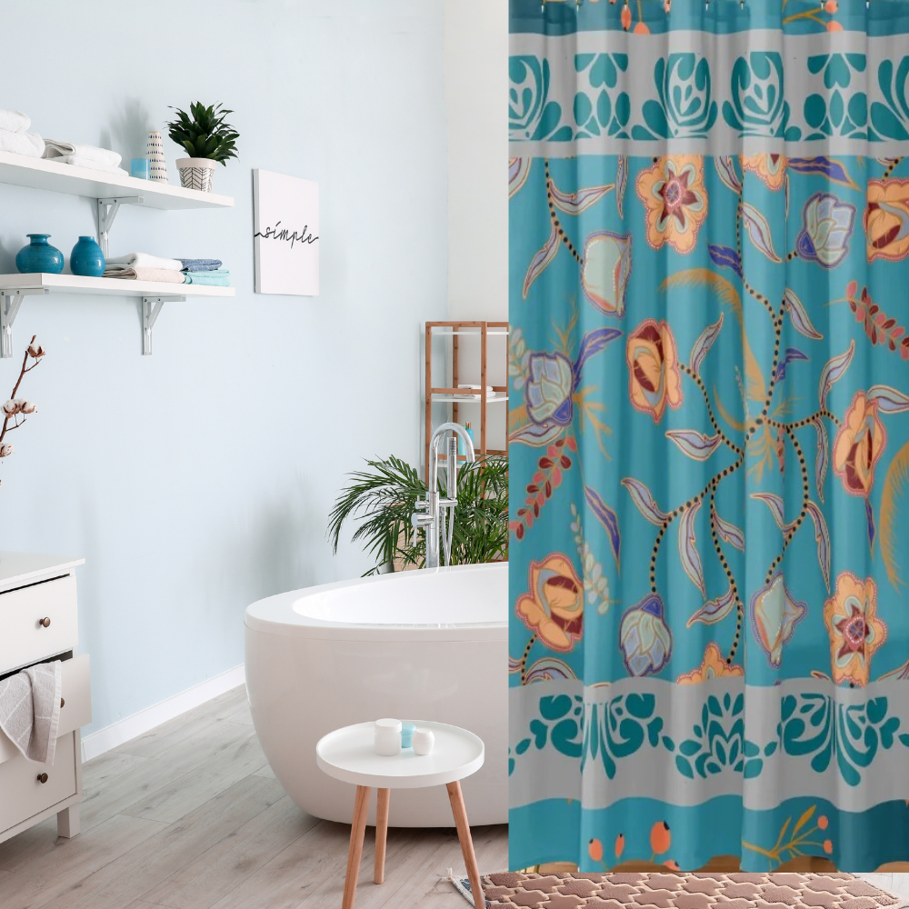 Vibrant Floral Teal and Gray Shower Curtain shown in a light blue bathroom with white shelves