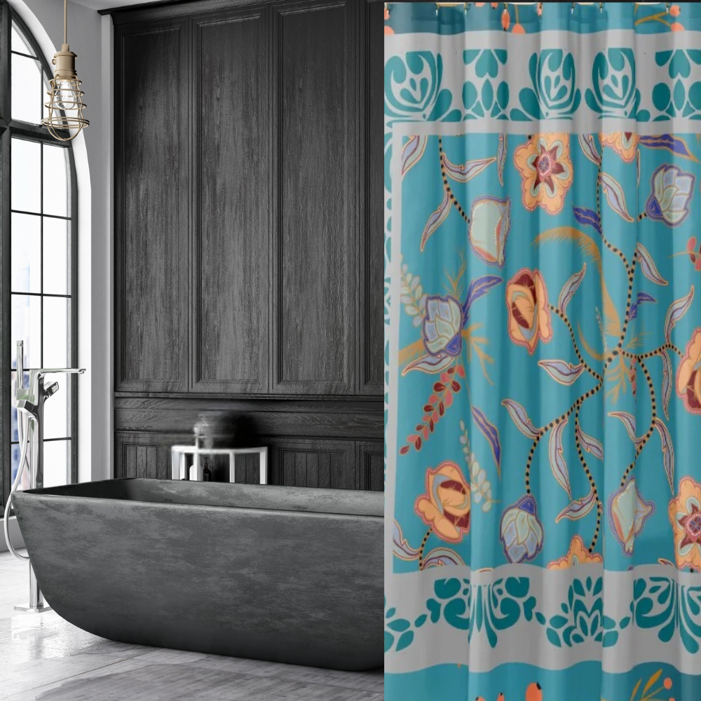 Vibrant Floral Teal and Gray Shower Curtain shown in a dark, luxe bathroom with a charcoal wall and tub
