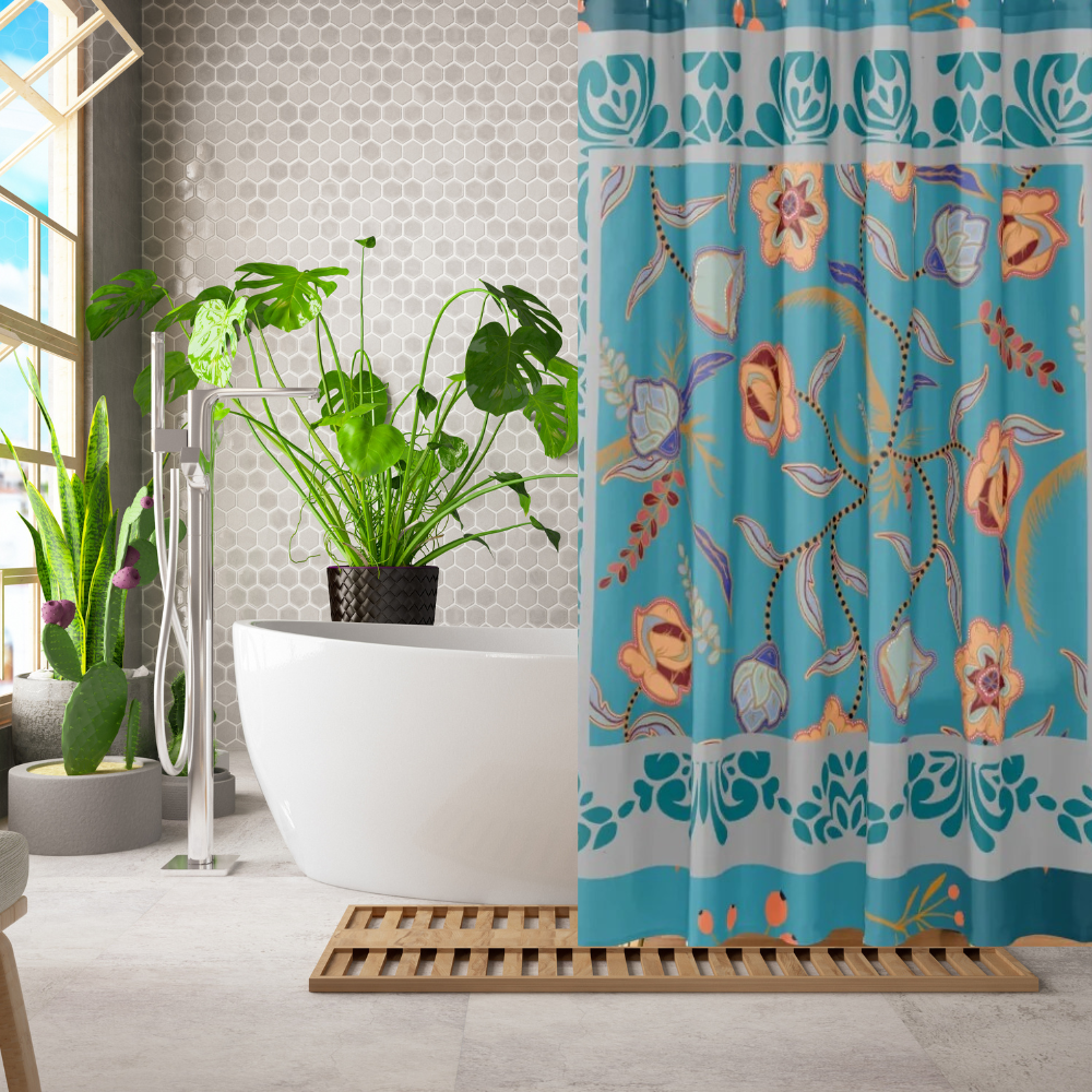 Vibrant Floral Teal and Gray Shower Curtain shown in a modern bathroom with large plants near it