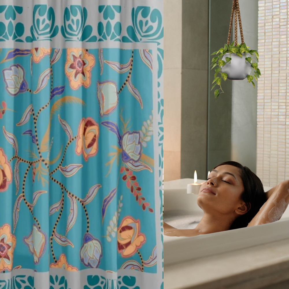Vibrant Floral Teal and Gray Shower Curtain shown with a woman lounging comfortably in the tub
