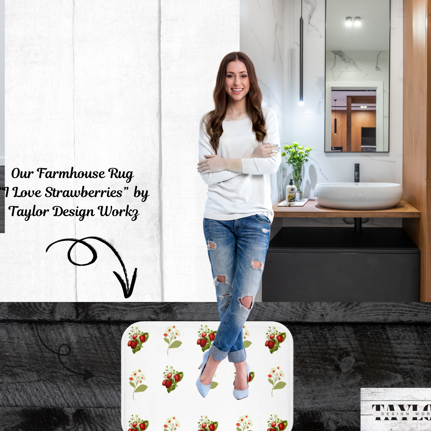 Kitchen Rug-I Love Strawberries Strawberry Print shown with a woman standing by a bathroom sink