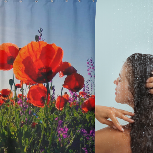 Vibrant red poppies on a sky blue background shown in a shower