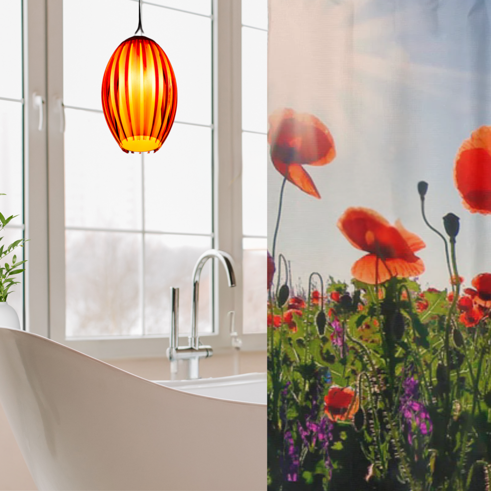 shown in a bathroom with a large window and an amber hanging light