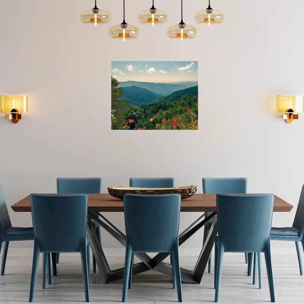Floral Mountain Landscape wall art shown in a dining room setting