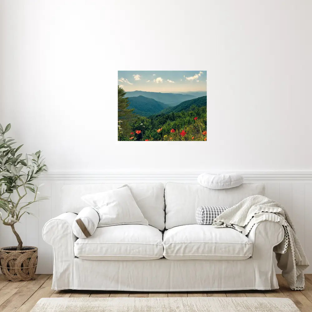 A Beautiful Day Mountain Landscape art shown in a living room with a white sofa