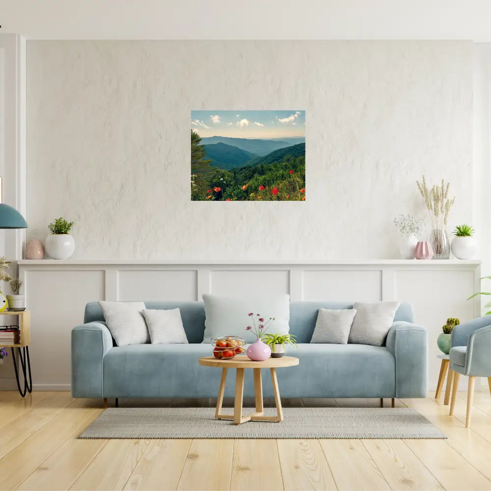 A Beautiful Day Mountain Landscape art shown in a living room with a blue sofa