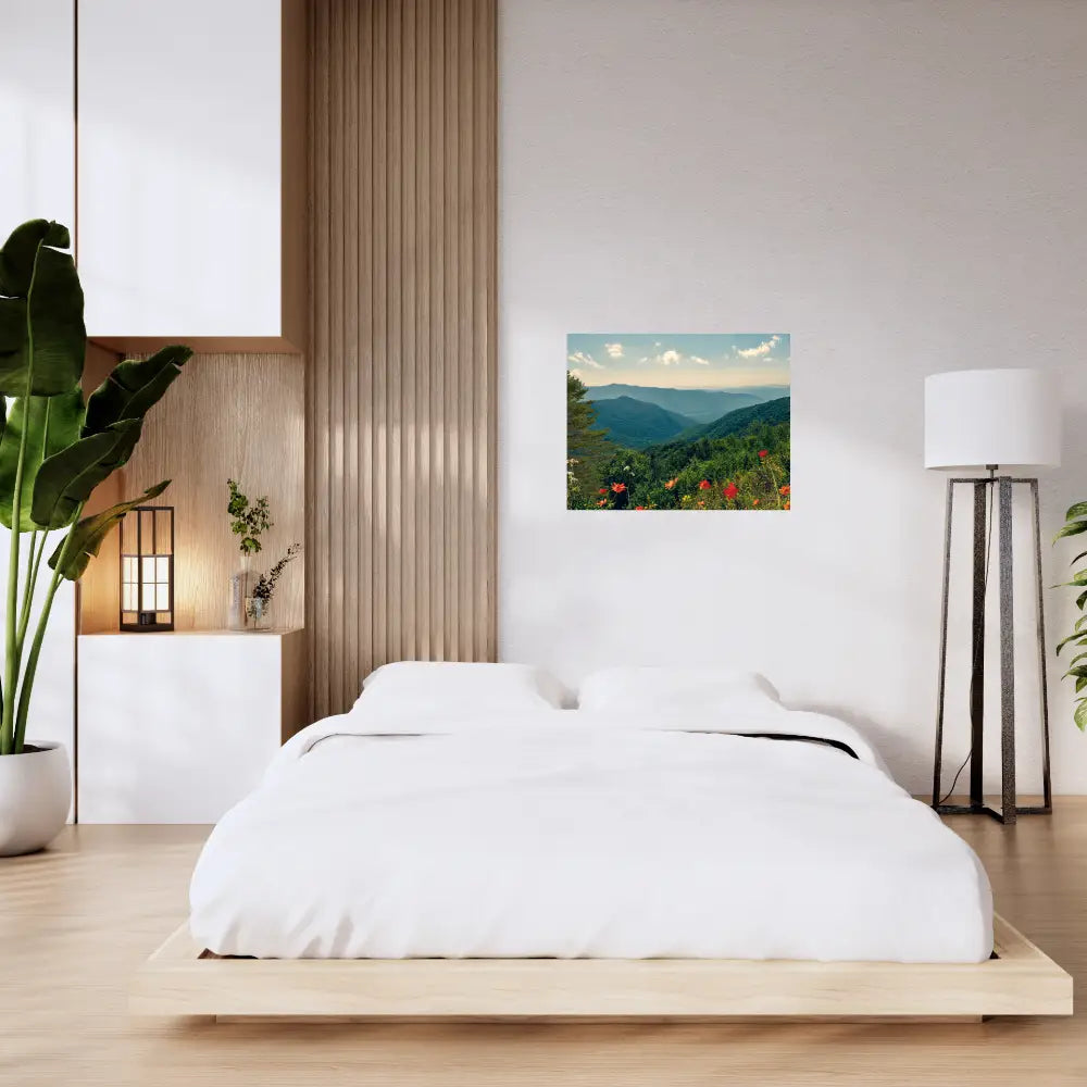 A Beautiful Day Mountain Landscape art shown in a contemporary bedroom