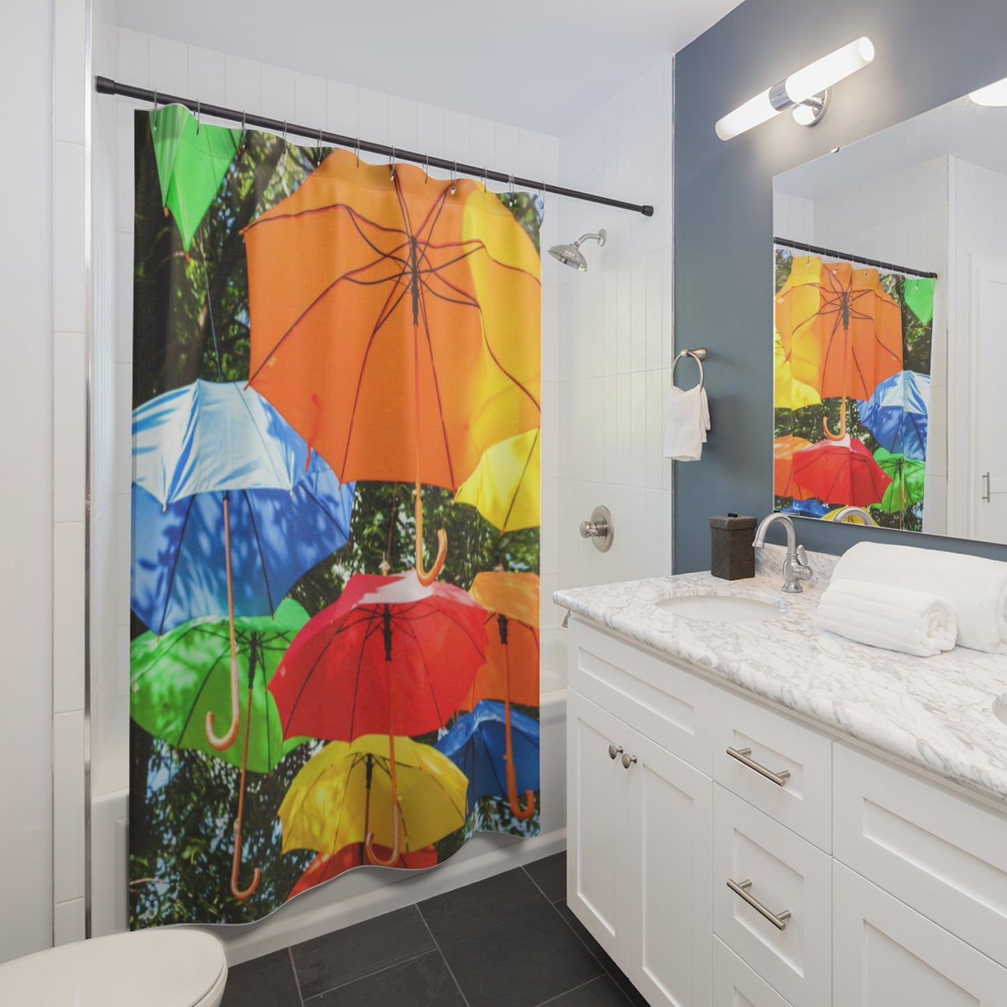 shower curtain shown in a white bathroom