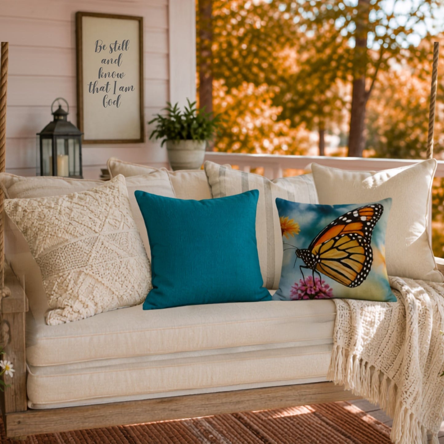 Teal pillow shown on an outdoor patio with a coordinating monarch butterfly throw pillow and fall trees in the background