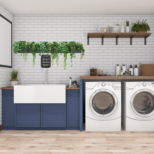 Black with white print shown in a modern laundry room