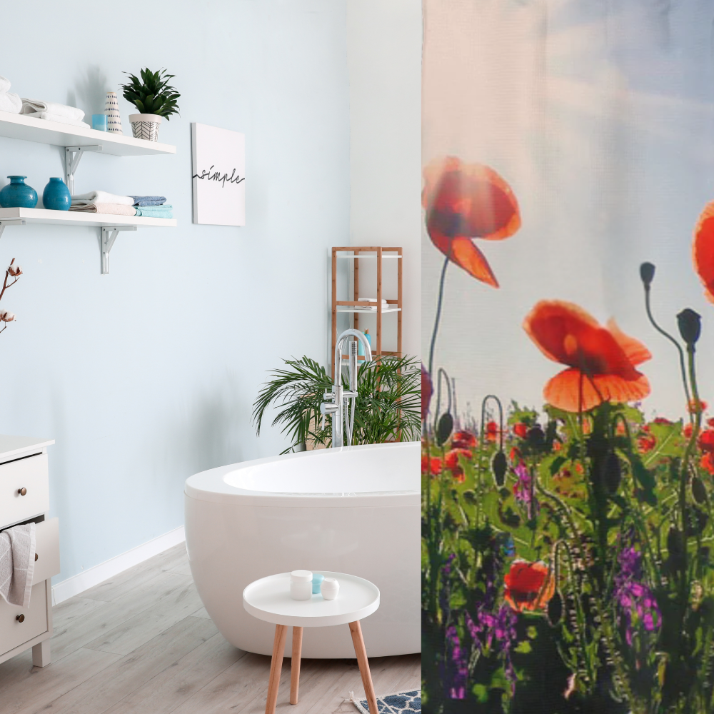 wild poppy shower curtain shown in a bright bathroom