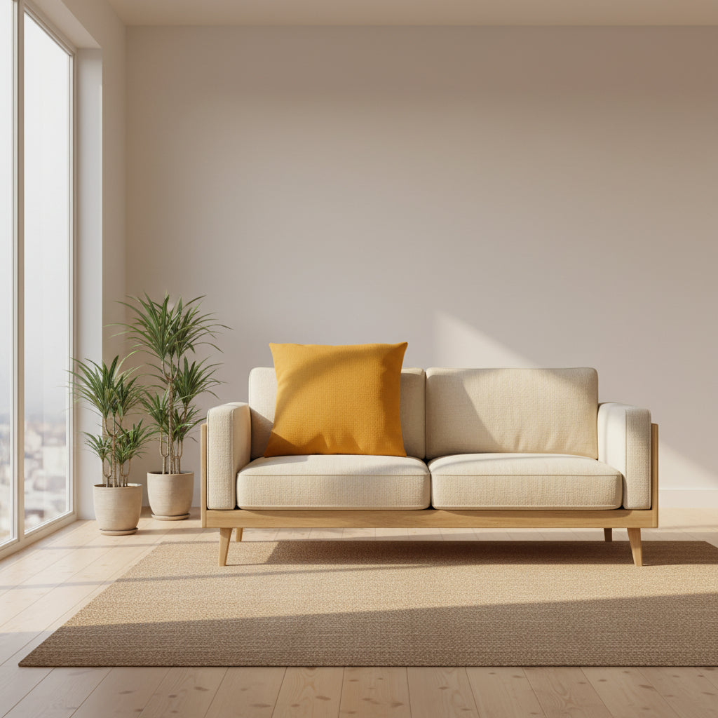 mustard yellow linen look outdoor pillow shown on a light colored sofa