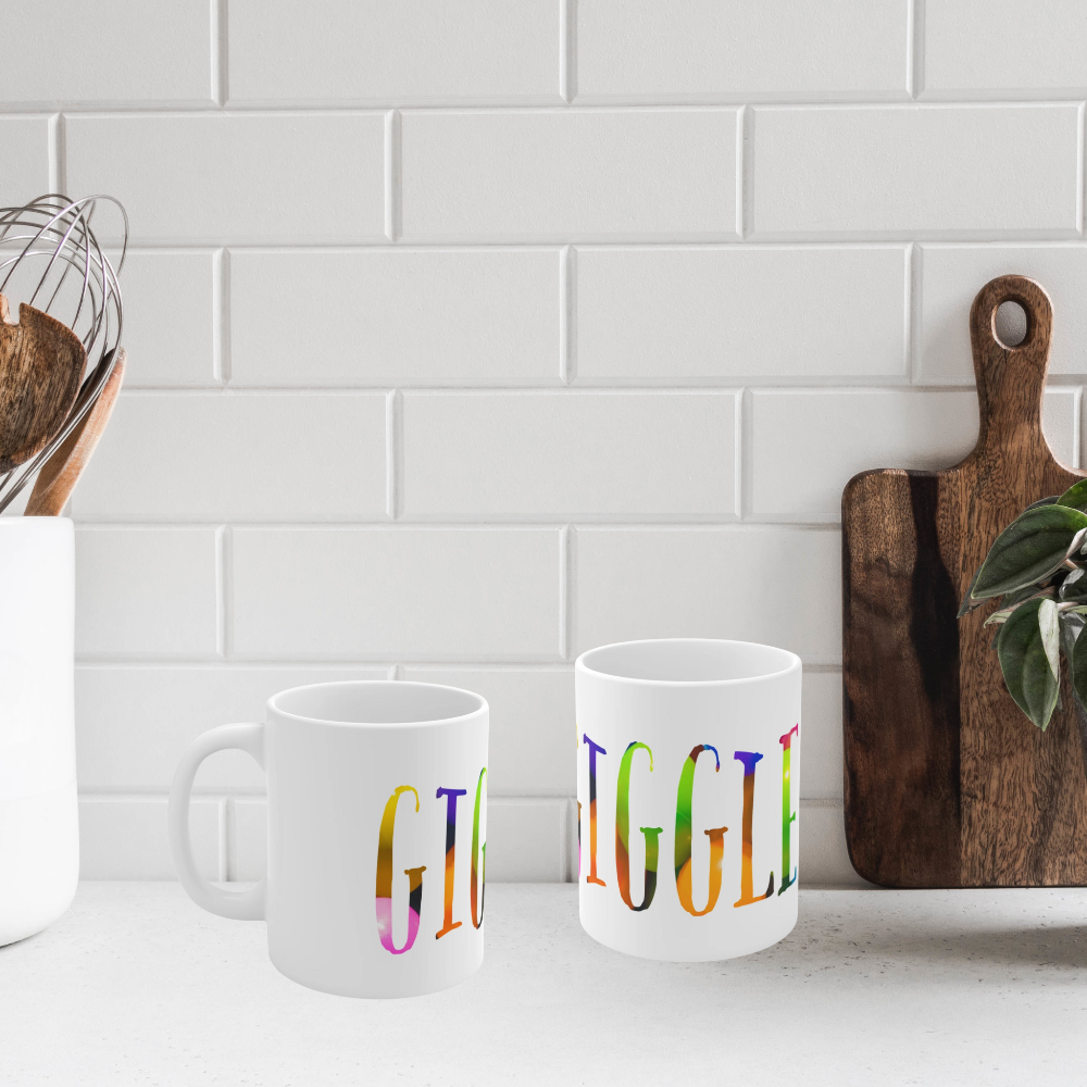 mug with brightly colored word giggle against white tile