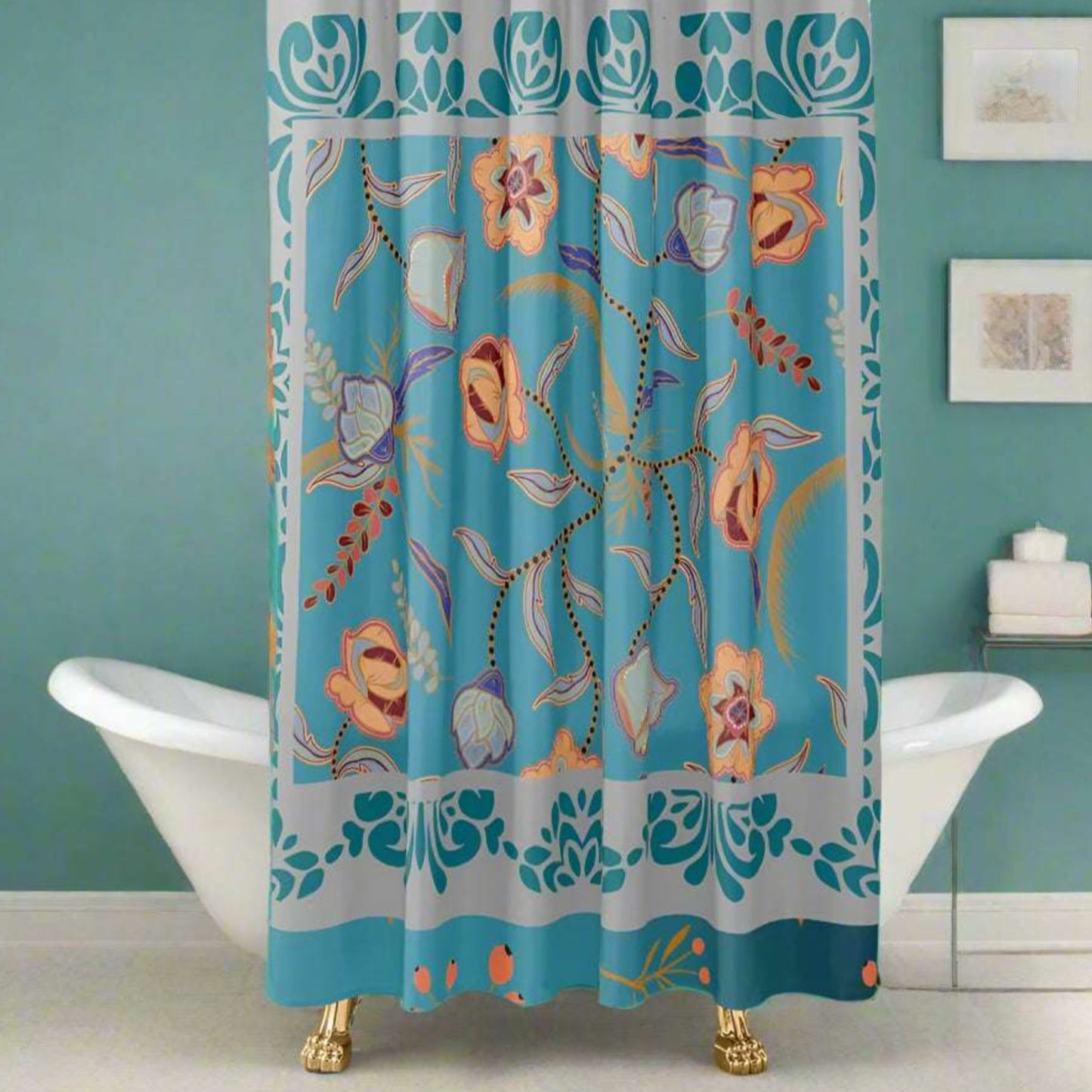 teal floral shower curtain  shown in a bathroom setting
