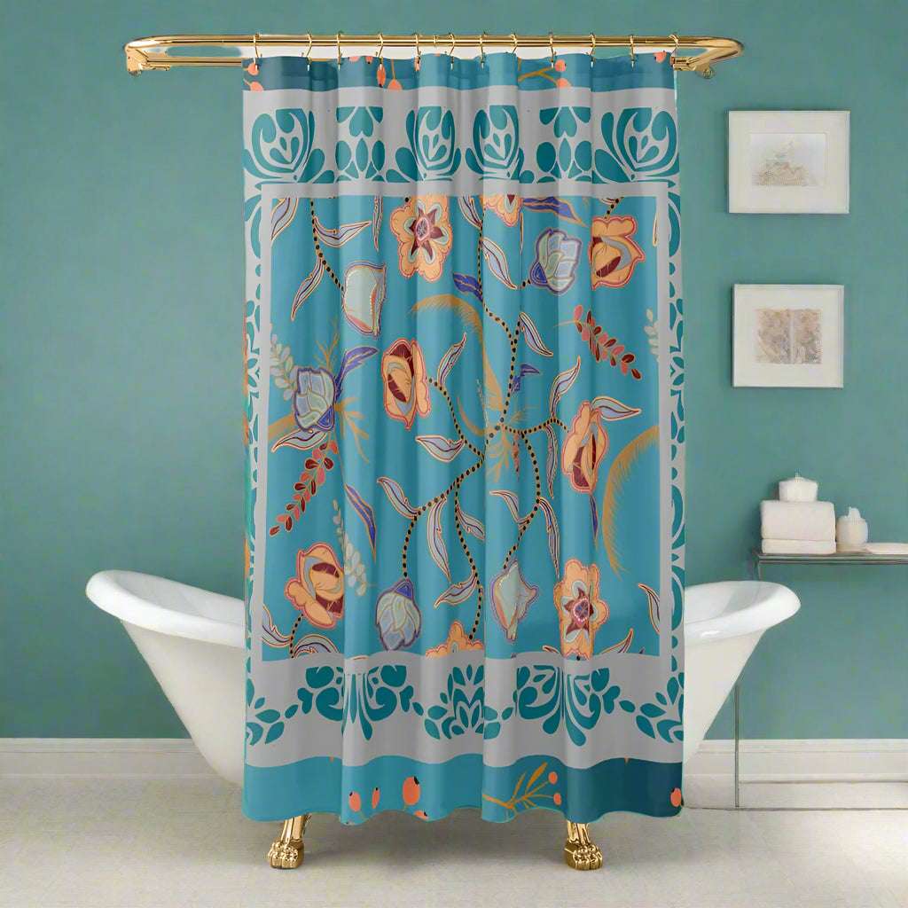 teal floral shower curtain  shown in a bathroom setting