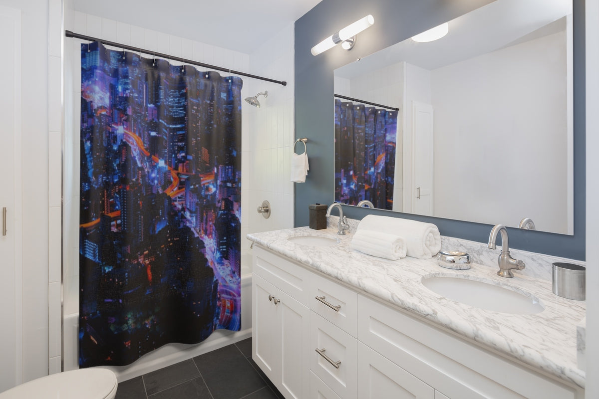 Metroscape shower curtain shown in a white bathroom