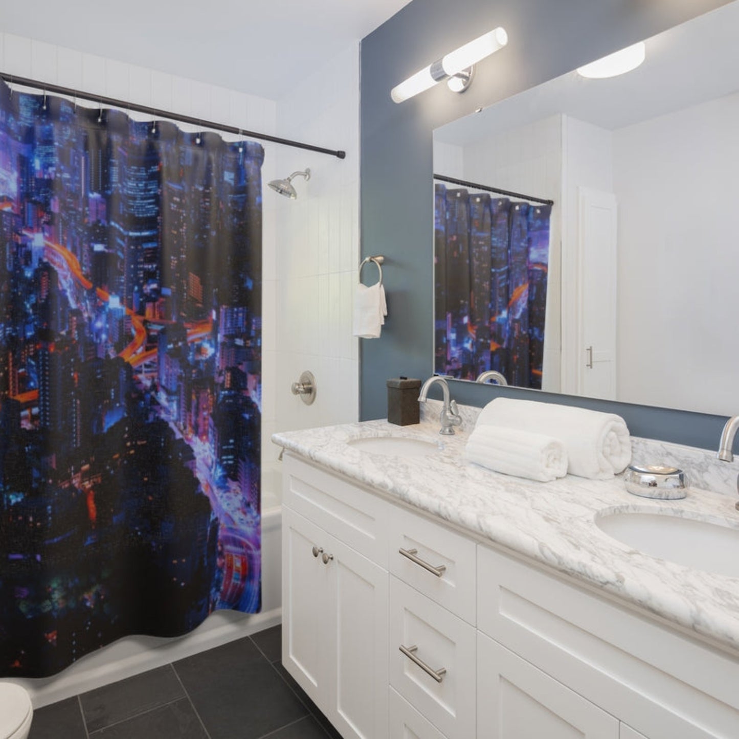 Metroscape shower curtain shown in a white bathroom
