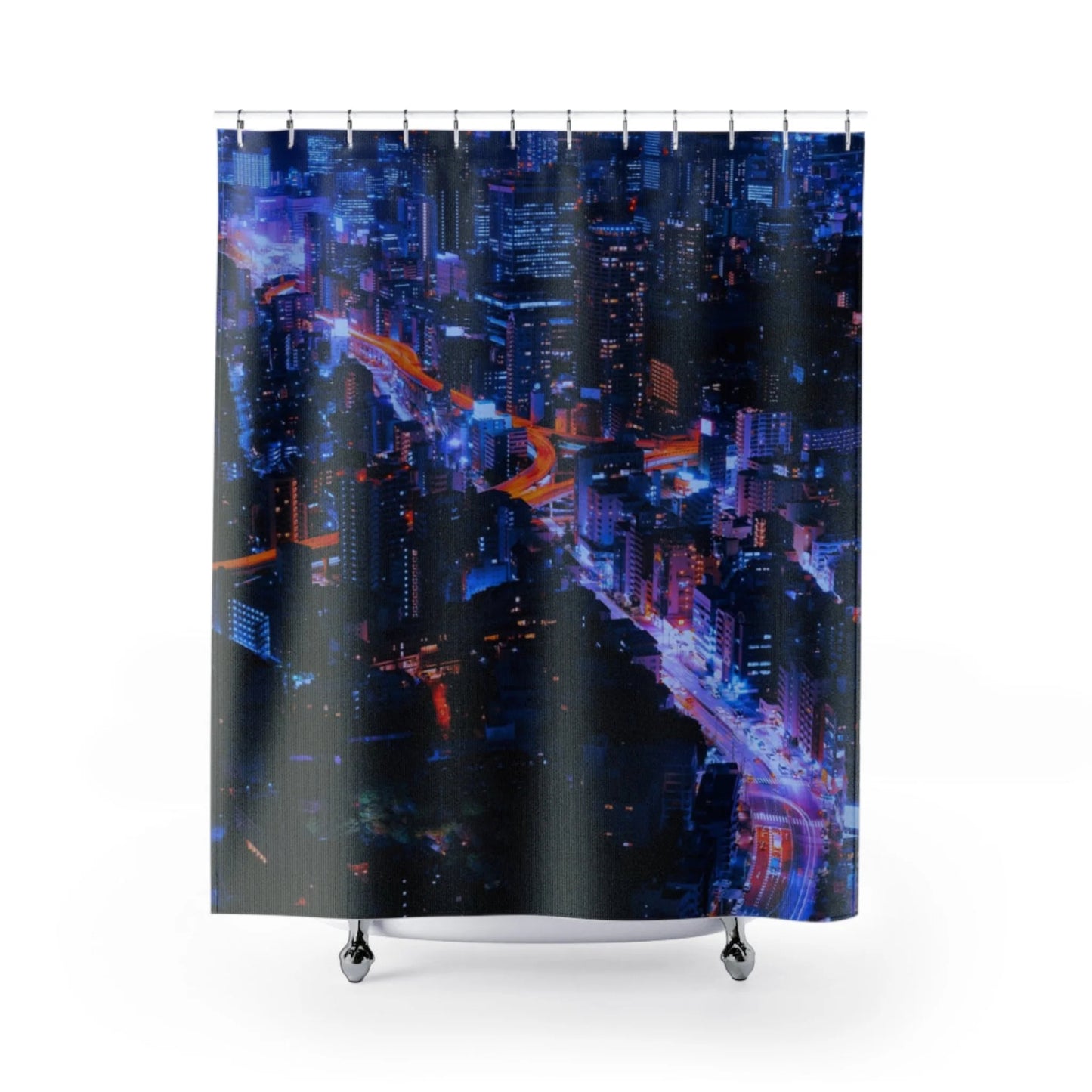 Vibrant cityscape shower curtain detail with bright blue. red and orange hues